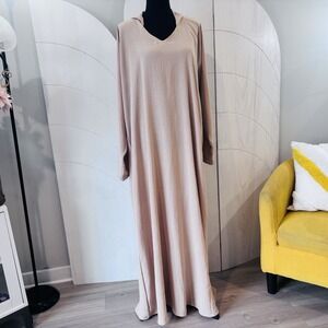 Beige Hooded Maxi Dress V Neck Soft Knit Loungewear Minimalist Size 2XL+
